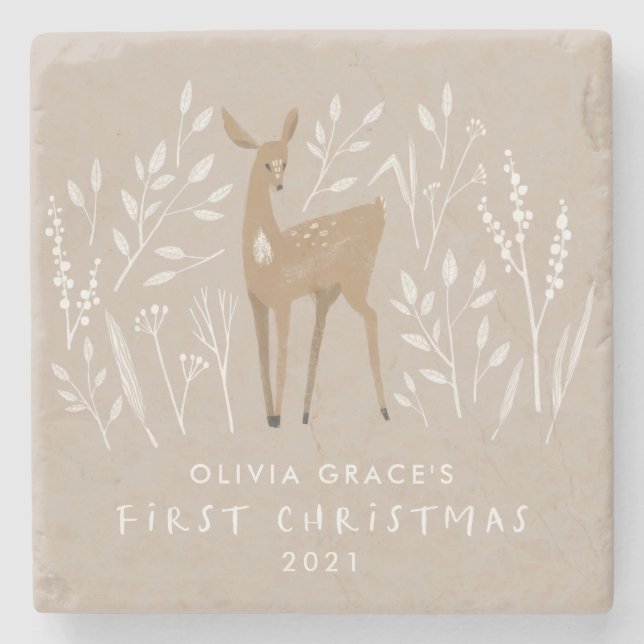 First Christmas natural reindeer delicate elegant  Stone Coaster (Front)