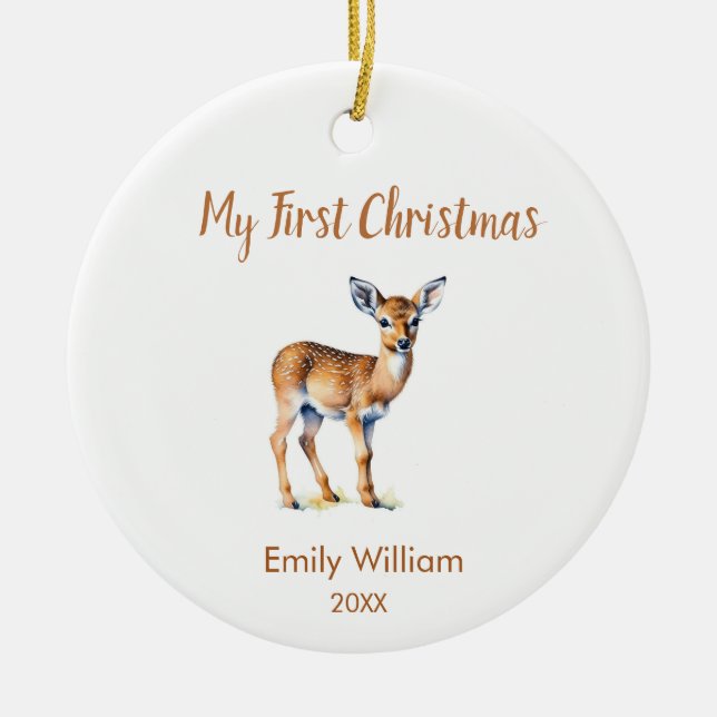 First Christmas natural reindeer Photo Ceramic Ornament (Front)