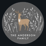 First Christmas natural reindeers delicate 1 photo Classic Round Sticker<br><div class="desc">First Christmas natural charcoal black reindeer delicate 1 photo elegant modern holiday favour design. Part of a stunning collection.</div>