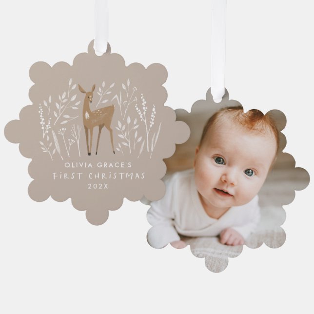 First Christmas natural reindeers elegant 1 photo Tree Decoration Card (Front/Back)