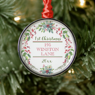First Christmas, New Home, Address, Festive Tree Metal Ornament