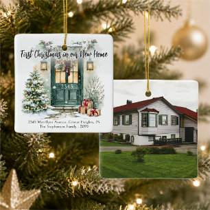 First Christmas New Home Address Photo Watercolor Ceramic Ornament