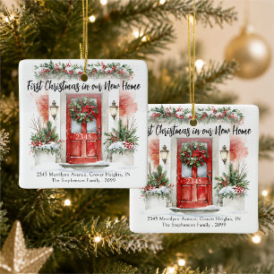 First Christmas New Home Address Watercolor Door Ceramic Ornament