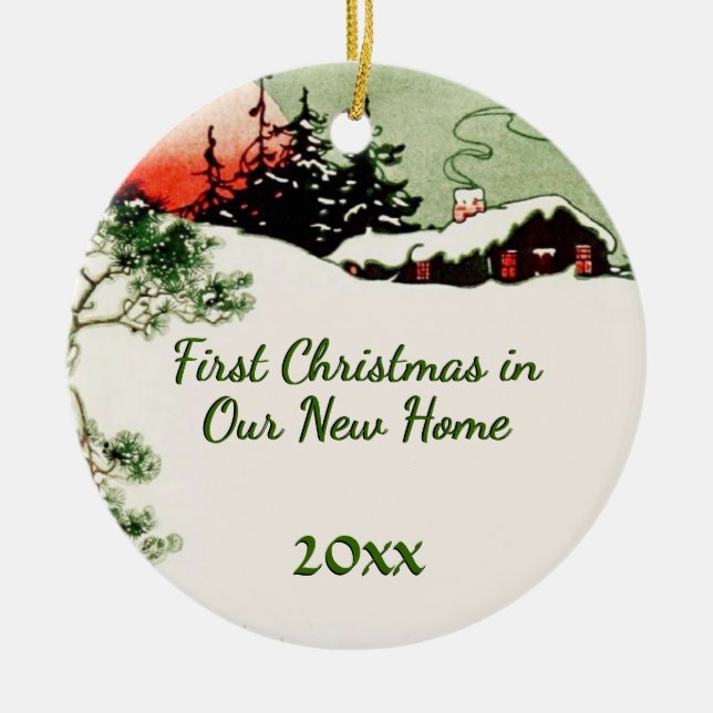 First Christmas New Home | Country Christmas Cabin Ceramic Ornament (Front)