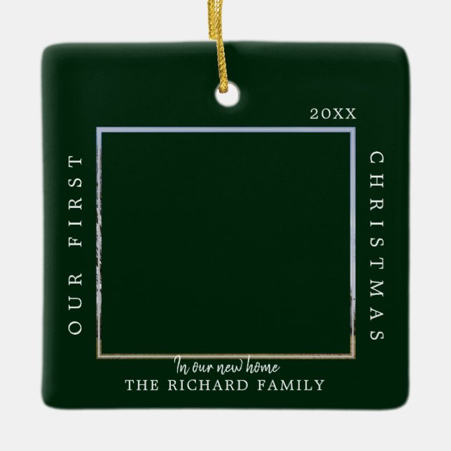 First Christmas New Home Custom Green Photo Ceramic Ornament (Front)