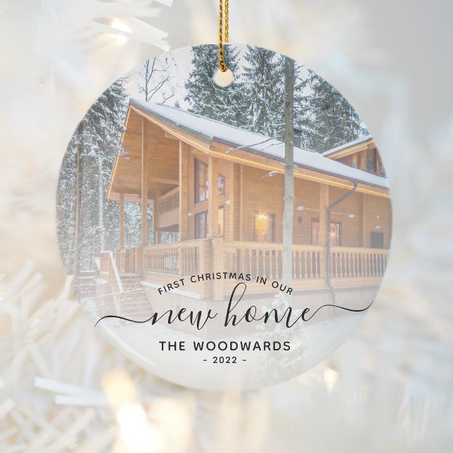 First Christmas New Home Custom Photo Black Script Ceramic Ornament (Creator Uploaded)
