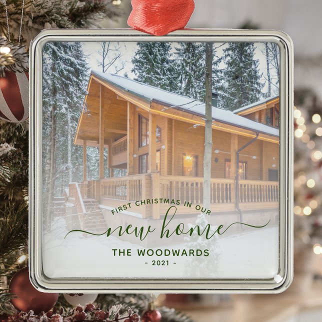 First Christmas New Home Custom Photo Green Script Metal Ornament (Creator Uploaded)