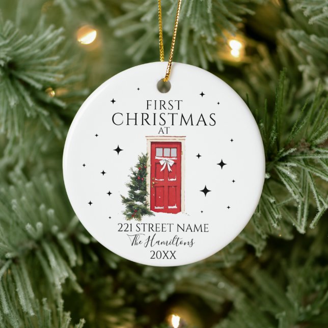First Christmas New Home Elegant Red Door Custom Ceramic Ornament (Tree)