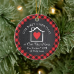 First Christmas New Home Heart Plaid Chalkboard Ceramic Ornament<br><div class="desc">This first Christmas in our new home keepsake ornament design features space for your personal text on a warm red and black buffalo plaid & chalkboard background with a cute little house graphic and a heart. The collection of coordinating products is available in our shop, zazzle.com/store/doodlelulu. Contact us if you...</div>