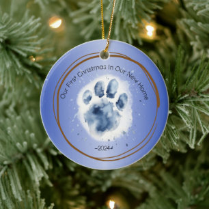 First Christmas New Home paw print quote blue Ceramic Ornament