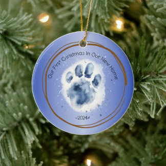 First Christmas  New Home paw print quote blue Ceramic Ornament