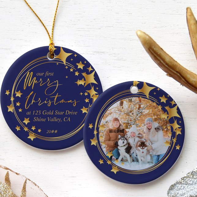 First Christmas New Home Photo Blue and Gold Star Ceramic Ornament (Creator Uploaded)