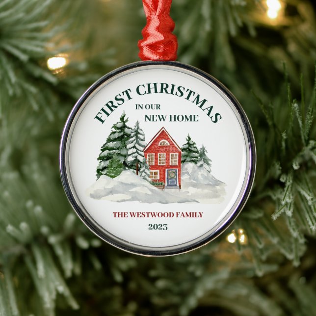 First Christmas New Home Red Brick Winter Boho Metal Ornament (Tree)