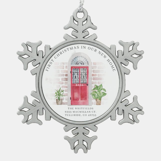 First Christmas New Home Red Door Potted Plants Snowflake Pewter Christmas Ornament (Front)
