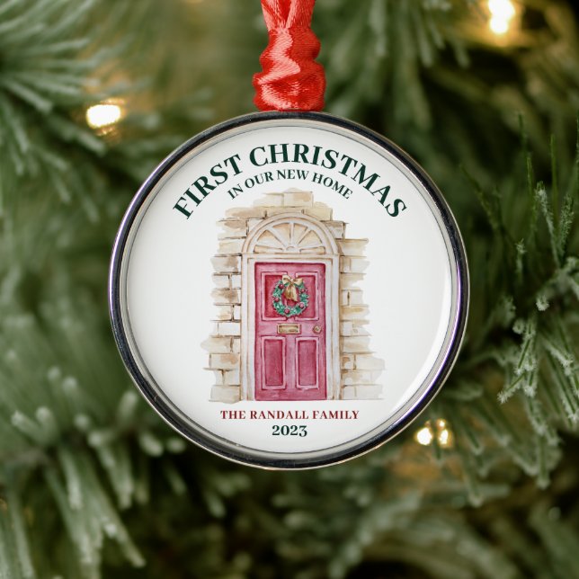 First Christmas New Home Red Door Winter Boho Metal Ornament (Tree)