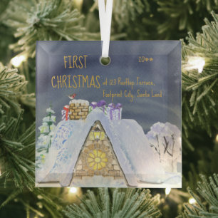 First Christmas New Home Santa Footprint Rooftop Glass Tree Decoration