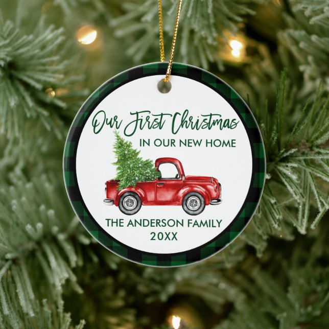 First Christmas New Home Truck Green Plaid Ceramic Ornament (Tree)