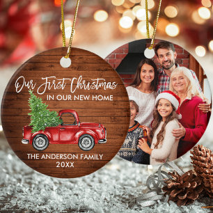 First Christmas New Home Truck Wood PHOTO Ceramic Ornament