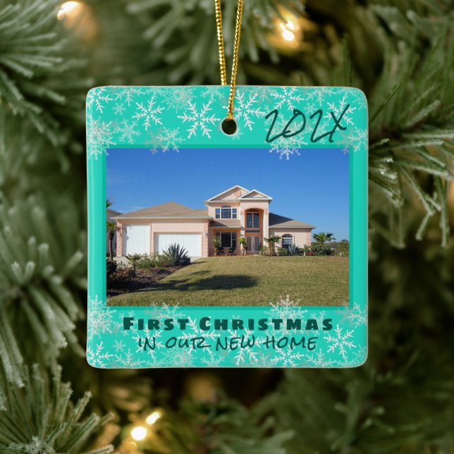 First Christmas New Home Turquoise Snowflakes Ceramic Ornament (Tree)