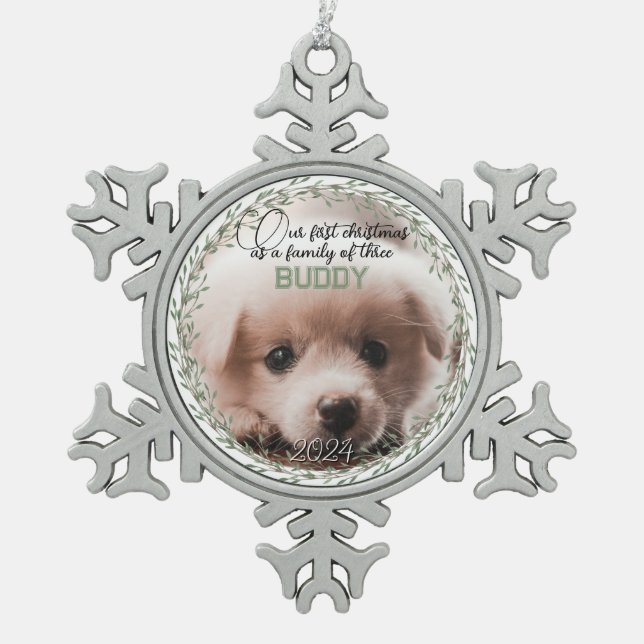 First Christmas new puppy photo family of three Snowflake Pewter Christmas Ornament (Front)
