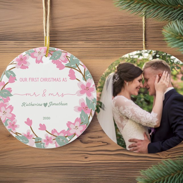  First Christmas Newlywed Photo Name Date Floral Ceramic Ornament (Creator Uploaded)