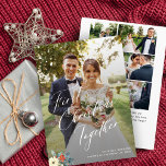 First Christmas newlyweds multi photo wedding Holiday Card<br><div class="desc">Modern chic calligraphy script First Christmas Together as Mr. and Mrs. newlyweds holiday card with text overlay,  6 photos,  custom text,  and a small Christmas seasonal watercolor botanical floral bouquet.</div>