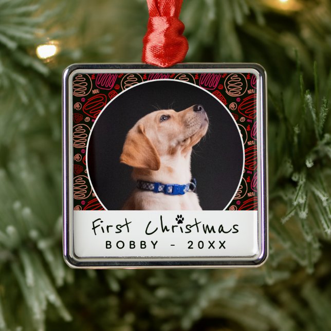 First Christmas One Line Pattern Dog Pet Photo  Metal Ornament (Tree)