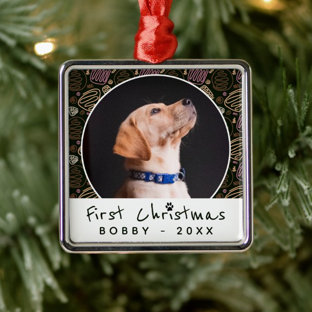 First Christmas One Line Pattern Dog Pet Photo Metal Ornament (Tree)