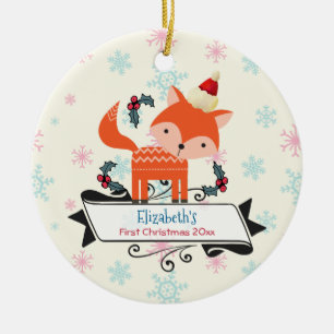 First Christmas Orange Fox In Santa Hat Custom Ceramic Tree Decoration
