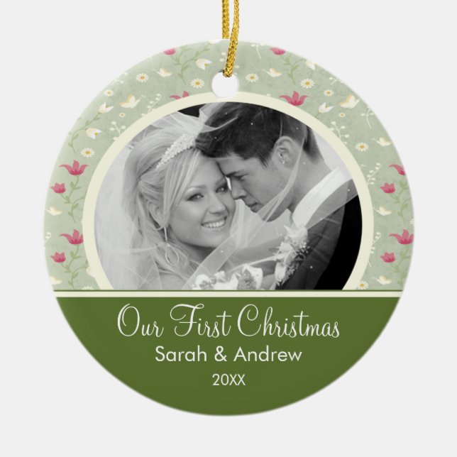 First Christmas Ornament Green Pink Floral (Front)