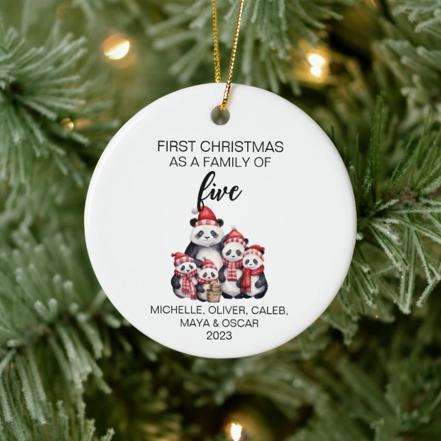First Christmas Panda Bear Family of Five Ceramic Ornament (Tree)