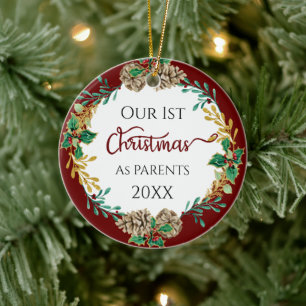 First Christmas Parents Holly Pine Cone Leaf Photo Ceramic Ornament