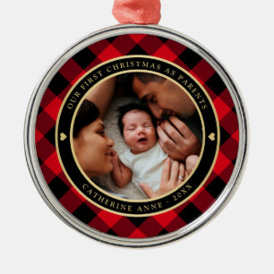 First Christmas Parents Rustic Red Plaid Photo Metal Ornament