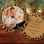 First Christmas Parents to Be Leopard Print Photo Ceramic Ornament<br><div class="desc">First Christmas photo ornament, which you can personalise for a first christmas as parents to be or any other big event. The design is double sided and features leopard print frames with hand lettering. The photo template displays your picture as a round shape and the other side is lettered with...</div>