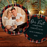 First Christmas Parents to Be Tartan Plaid Photo Ceramic Ornament<br><div class="desc">First Christmas photo ornament, which you can personalise for a first christmas as parents to be or any other big event. The design is double sided and features tartan plaid frames with hand lettering. The photo template displays your picture as a round shape and the other side is lettered with...</div>