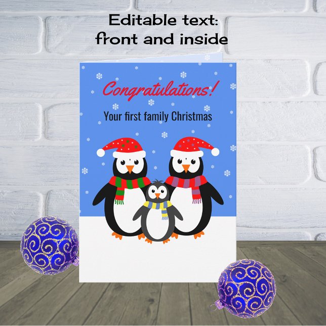 First Christmas penguin family editable text Holiday Card (Creator Uploaded)
