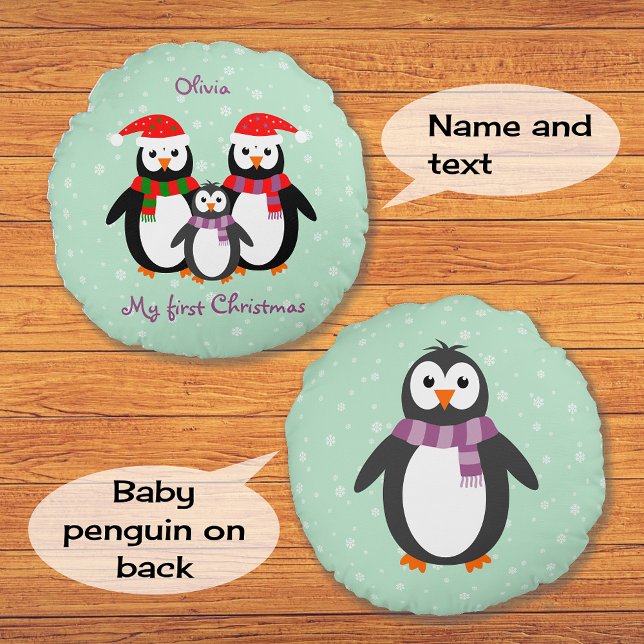 First Christmas penguins custom text double-sided Round Cushion (Creator Uploaded)