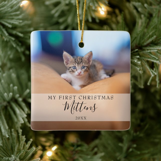 First Christmas Pet Photo Elegant Script Holiday Ceramic Ornament (Tree)