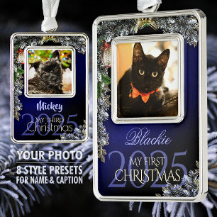 First Christmas Pet Photo Keepsake, Black-Blue - Silver Plated Framed Ornament
