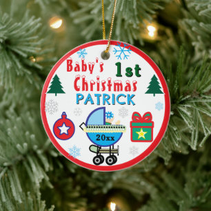 First Christmas PHOTO Boy Blue Name Ceramic Ornament