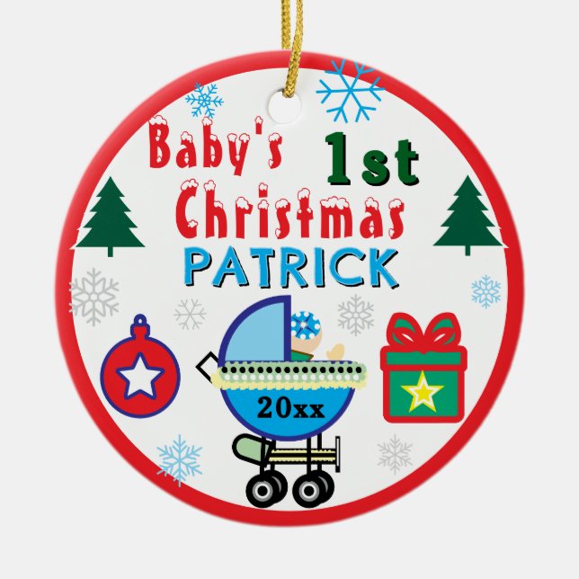 First Christmas PHOTO Boy Blue Name Ceramic Ornament (Front)