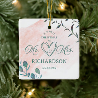 First Christmas Photo Mr and Mrs Newlywed Script Ceramic Ornament