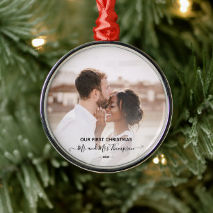 First Christmas Photo Mr Mrs  Script Newlyweds  Metal Ornament