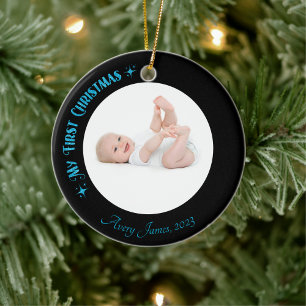 First Christmas Photo Name Custom Modern Black Ceramic Ornament