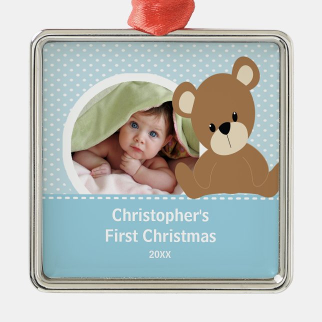 First Christmas Photo Ornament Cute Baby Bear Boy (Front)