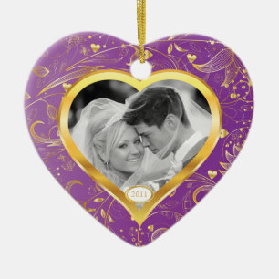 First Christmas Photo Ornament Gold Heart Magenta