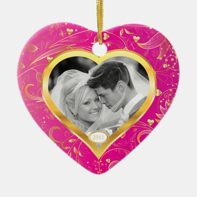 First Christmas Photo Ornament Gold Heart Pink (Front)