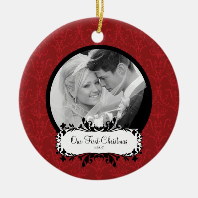 First Christmas Photo Ornament Red Damask (Front)