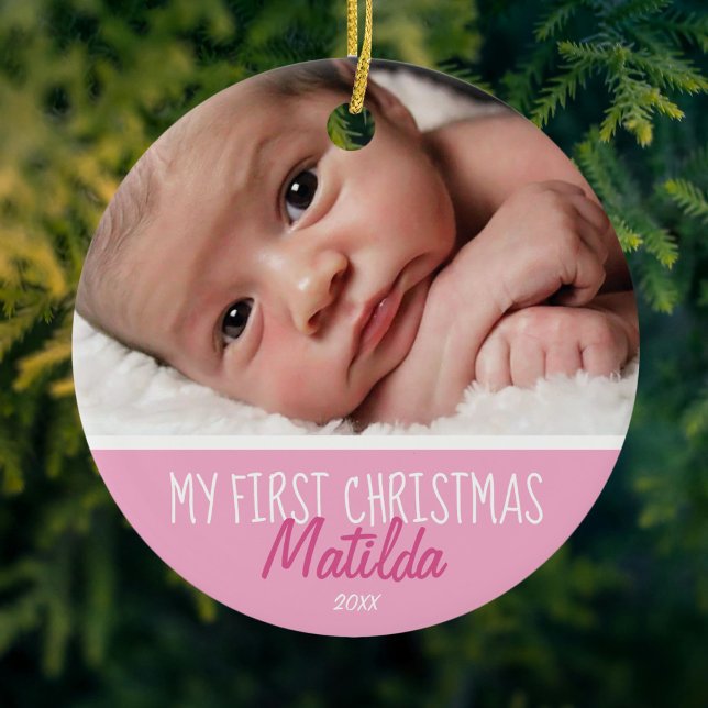 First Christmas Photo Pink Ceramic Ornament (Creator Uploaded)