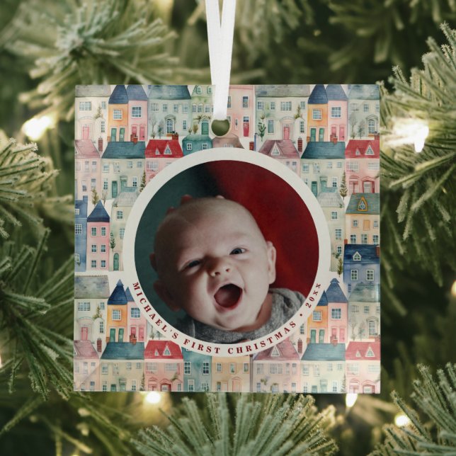First Christmas Photo Red Festive Houses Holiday  Glass Tree Decoration (Insitu)